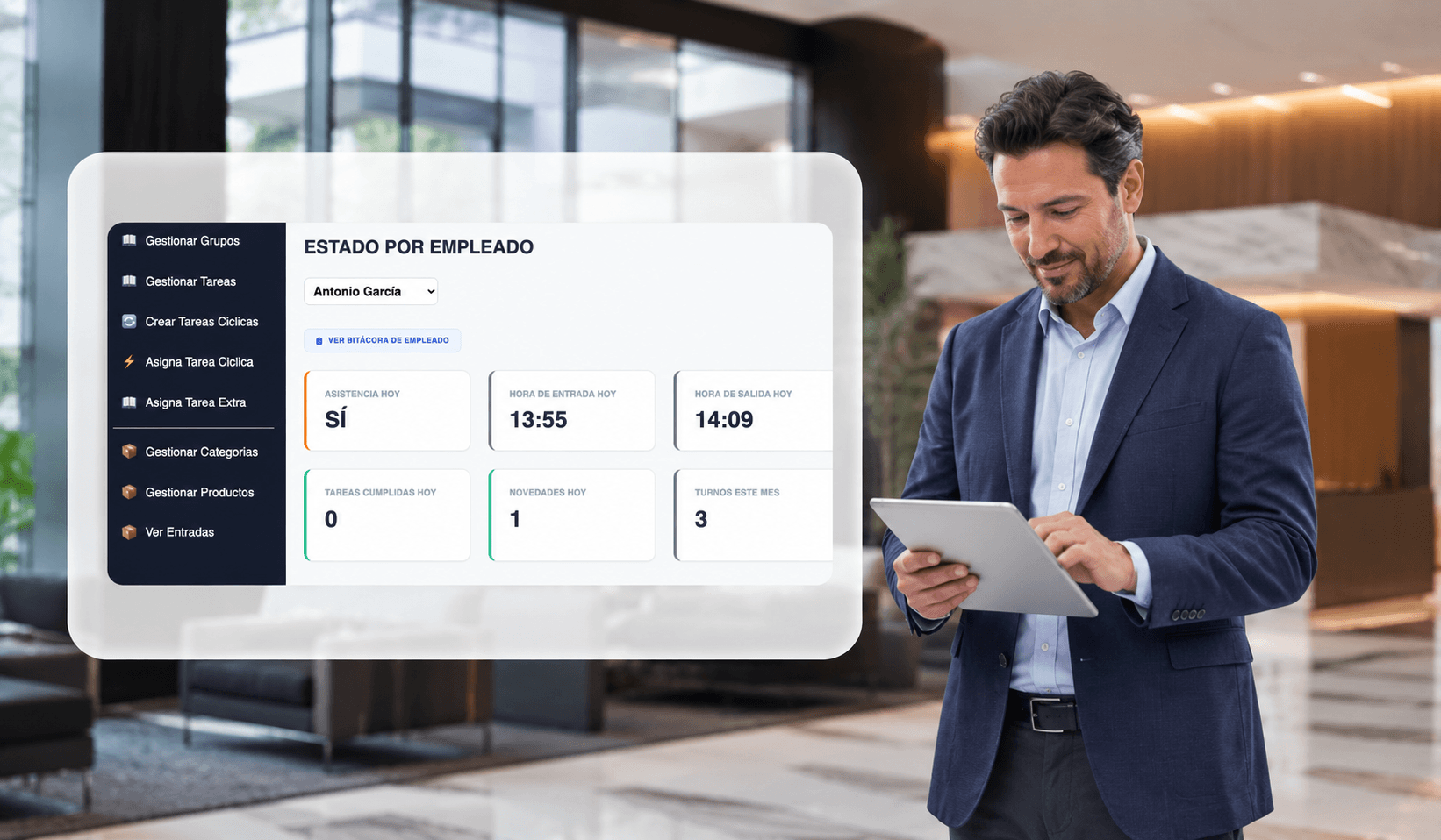 Administrador utilizando Asistente Digital para supervisar personal en condominios